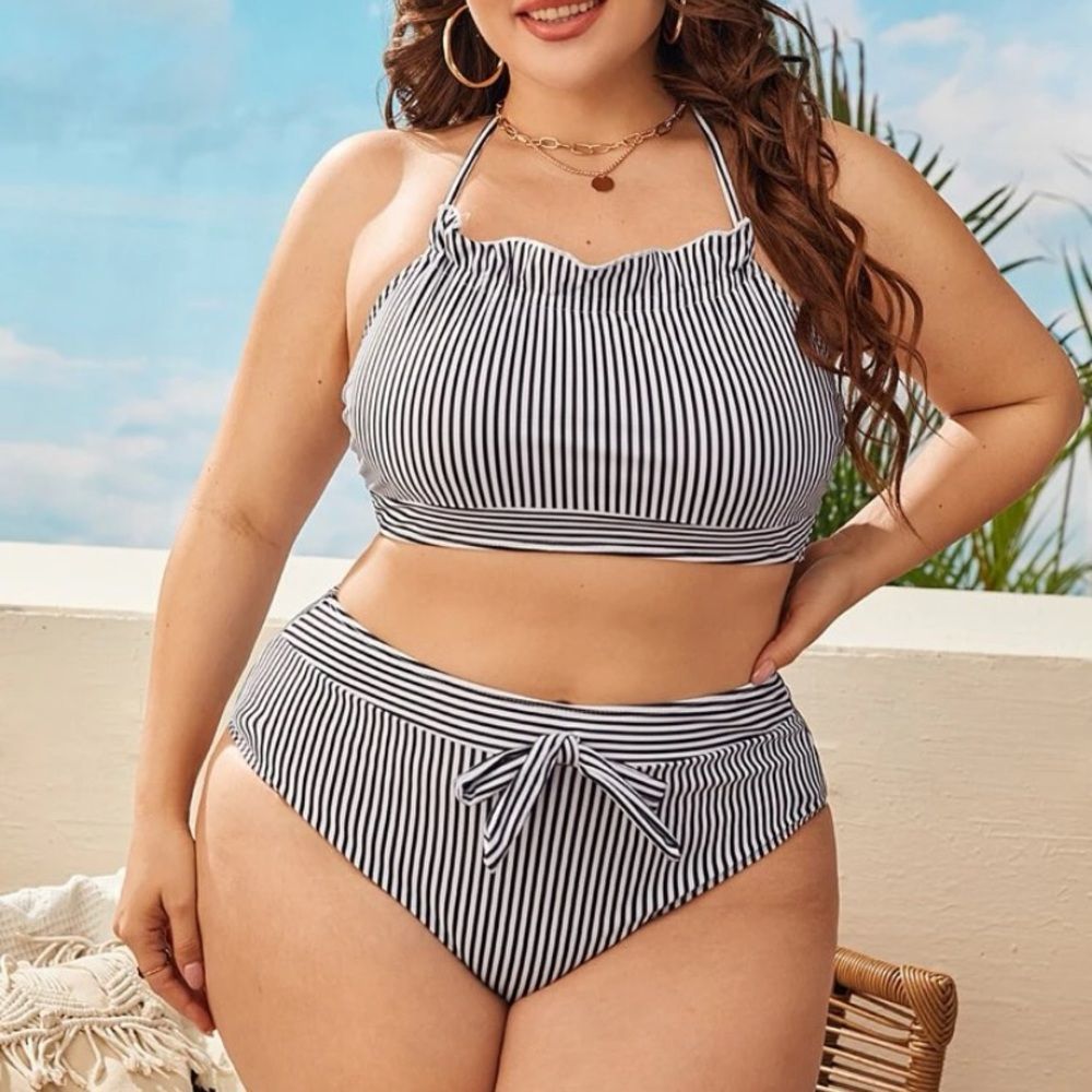 Plus Striped Halter Bikini Swimsuit